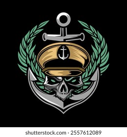 Military Skull Wearing captain cap vector illustration logo. Design element for logo, label, sign, emblem.