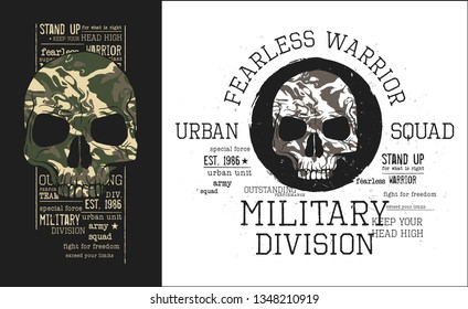 crânios militares com camuflagem.Pacote de duas ilustrações para t-shirt.