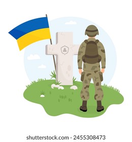 Military soldier in front of grave cross with yellow-blue Ukrainian flag in grass. Memorial Day. Veterans Military Cemetery. Vector illustration in flat style