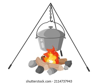 Military soldier metal camping pot or mess kit on fire with tripod for cooking. Touristic equipment for camping and tourism. Military concept for army and war. Vector cartoon isolated illustration.