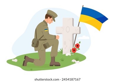 Military soldier on one knee in front of grave cross with yellow-blue Ukrainian flag and poppy flowers. Memorial Day. Veterans Military Cemetery. Vector illustration 
