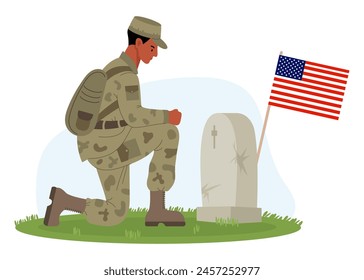 Military soldier on one knee in front of grave with American flags. Memorial Day. Veterans Military Cemetery. Vector illustration.