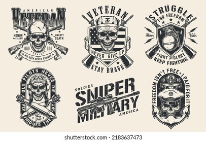 Military Soldier Set Logotype Monochrome Vintage Skulls Next To MK Assault Weapons And Bombs Veterans USA Military Companies Vector Illustration