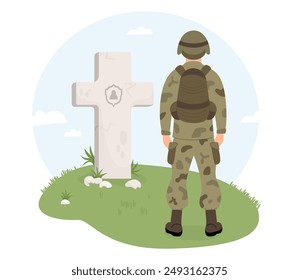 Military soldier stands in front of grave cross with tombstone. Memorial Day. Veterans Cemetery. Vector illustration