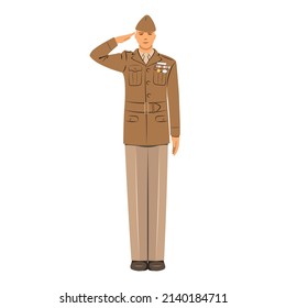 Military Soldier, Veteran, Officer Salutes. Captain, A Soldier Salutes With A Hand Gesture, Salute, Respect In Honor Of Veterans Day. Isolated Soldier On White Background. Illustration Vector Graphics