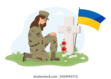Military soldier woman on one knee in front of grave cross with Ukrainian flag and poppy flowers. Memorial Day. Veterans  Cemetery. Vector illustration