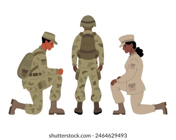 Soldados militares listos. Guerrero de pie con la espalda a la altura completa y la pareja ética negra mujer y hombre en una rodilla. Ilustración vectorial en estilo plano. Personajes de personas aisladas