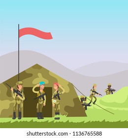 Military soldiers training vector illustration. Cartoon soldiers, tent on landscape