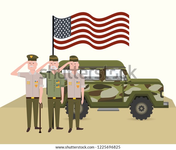 military soldiers with usa\
flag and car