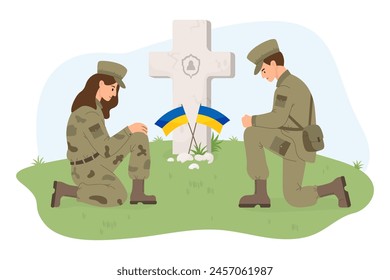 Military soldiers woman and man on one knee in front of grave cross with yellow-blue Ukrainian flags. Memorial Day. Veterans Military Cemetery. Vector illustration in flat style