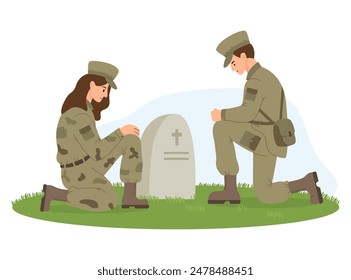 Military soldiers woman and man on one knee in front of gravestone grave. Memorial Day. Veterans Military Cemetery. Vector illustration in flat style