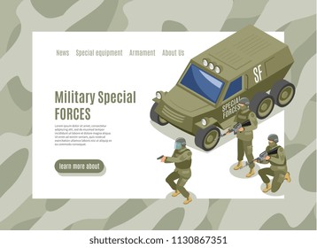 Military special forces isometric web page with menu interface and army vehicle with soldiers vector illustration