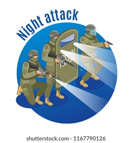 Military special forces with weapons and protective equipment during night attack on blue background isometric vector illustration