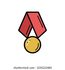 Military or sports award, medal with ribbon doodle vector icon. Isolate on white.