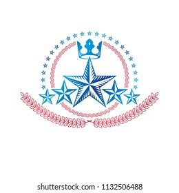 Military Star emblem created with royal crown and laurel wreath. Heraldic vector design element, 5 stars guaranty insignia.  Retro style label, heraldry logo.
