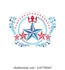 Military Star emblem created with royal crown and floral ornament. Heraldic vector design element, 5 stars guaranty insignia.  Retro style label, heraldry logo.