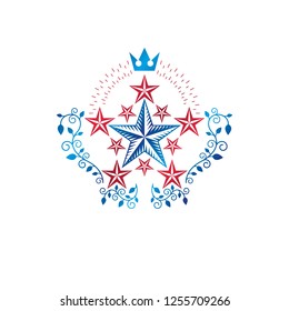 Military Star emblem created with royal crown and floral ornament. Heraldic vector design element, 5 stars guaranty insignia.  Retro style label, heraldry logo.