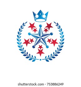 Military Star emblem created with royal crown and laurel wreath. Heraldic vector design element, 5 stars guaranty insignia.  Retro style label, heraldry logo.