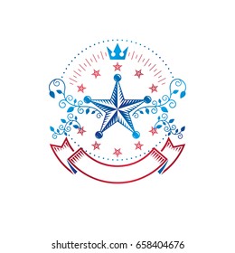 Military Star emblem, victory award symbol created using imperial crown and floral ornament.  Heraldic Coat of Arms decorative logo isolated vector illustration. 