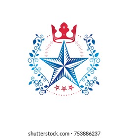 Military Star emblem, victory award symbol created using imperial crown and floral ornament.  Heraldic Coat of Arms decorative logo isolated vector illustration. 