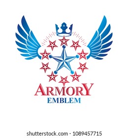 Military Star emblem, winged victory award symbol created using imperial crown.  Heraldic Coat of Arms decorative logo isolated vector illustration. 