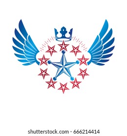 Military Star emblem, winged victory award symbol created using imperial crown.  Heraldic Coat of Arms decorative logo isolated vector illustration. 