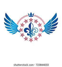 Military Star emblem, winged victory award symbol created using imperial crown.  Heraldic Coat of Arms decorative logo isolated vector illustration. 