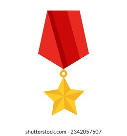 Military star medal illustration. Drawing of gold medallion with red ribbon isolated on white. Reward, army, achievement concept