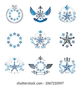 Military Stars emblems set. Heraldic vector design elements collection. Retro style label, heraldry logo.