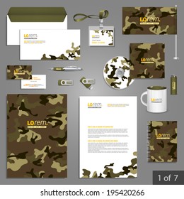 Military stationery template design with camouflage pattern. Documentation for business.