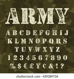 Military stencial alphabet. Army stencial lettering with camouflage background. 