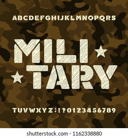 Military stencil alphabet font. Messy bold letters and numbers on camo background. Vector typeset for your design.