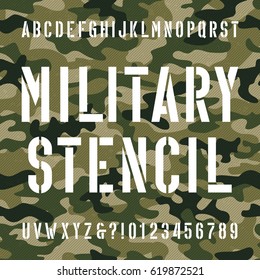 Military stencil alphabet font. Type letters and numbers on distressed camo seamless  background. Vector typography for your design.