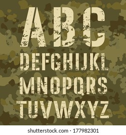 Military stencil alphabet on a camouflage background, vector illustration