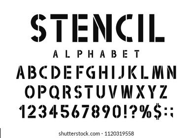 Military Stencil Font. Stencil Alphabet With Numbers In Retro Army Style. Vintage And Urban Font For Stencil-plate. Vector