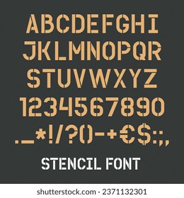 Military stencil font. Stencil alphabet with numbers.