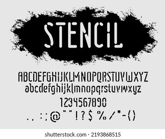 Military stencil font, army alphabet type of grunge letters, vector vintage text. Military stencil font, typeface typography set with retro stamp or graffiti spray texture, war or urban paint font