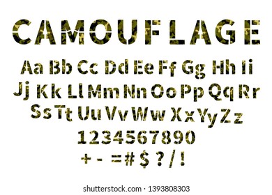 Military stencil font with camouflage pattern, latin letters with numbers isolated on white