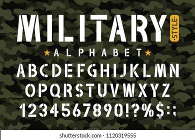 Military Stencil Font On Camouflage Background. Stencil Alphabet With Numbers In Retro Army Style. Vintage Masculine Font For Stencil-plate. Vector