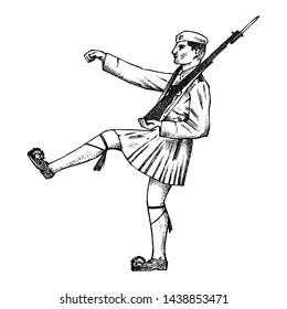 Military steps with weapons and in shape. Man Greek in a skirt. Greece and cultural features. Hand drawn engraved sketch in vintage style. 