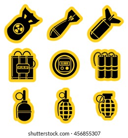 Military stickers set vector with timers dynamite hand grenades and nuclear rocket isolated on white