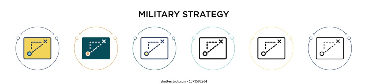 Icono de estrategia militar en estilo relleno, delgado, contorno y trazo. Ilustración vectorial de dos diseños de iconos vectoriales de estrategia militar de color y negro se pueden utilizar para móviles, ui, web