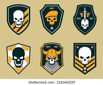 Military stripes, emblems, badges. Signs of different types of troops, ranks. Vector illustration