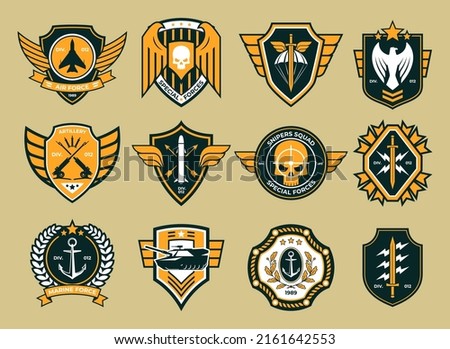 Military stripes, emblems, badges. Signs of different types of troops, ranks. Vector illustration