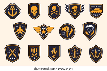 Military stripes, emblems. Logos of military groups. Special military insignia, aircraft, tanks, missiles, infantry, skulls