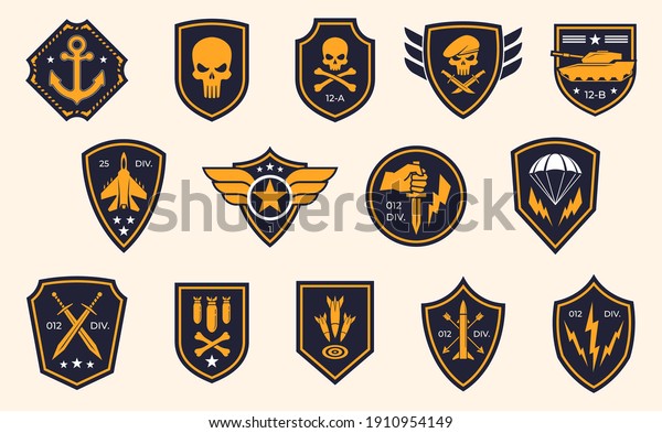 Military stripes, emblems. Logos of military\
groups. Special military insignia, aircraft, tanks, missiles,\
infantry, skulls