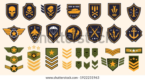 Military stripes, emblems. Logos of military\
groups. Special military insignia, aircraft, tanks, missiles,\
infantry, skulls
