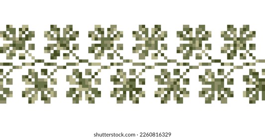 Military style floral vector border. Fashion print in green colors. Ukrainian traditional embroidery ornament.Military texture, decor, seamless border. Vyshyvanka, cross stitch fashion pattern.