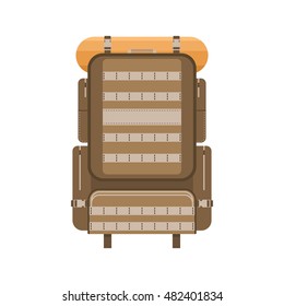 Military style hiking backpack in flat design. Tourist rucksack with sleeping bag. Camping backpack vector illustration. Hiking bag isolated. Backpack icon.