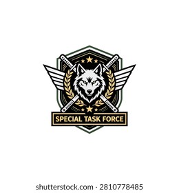 A military style logo design featuring a wolf mascot head centered on a shield with crossed katana swords wings and laurel wreaths with the text special task force